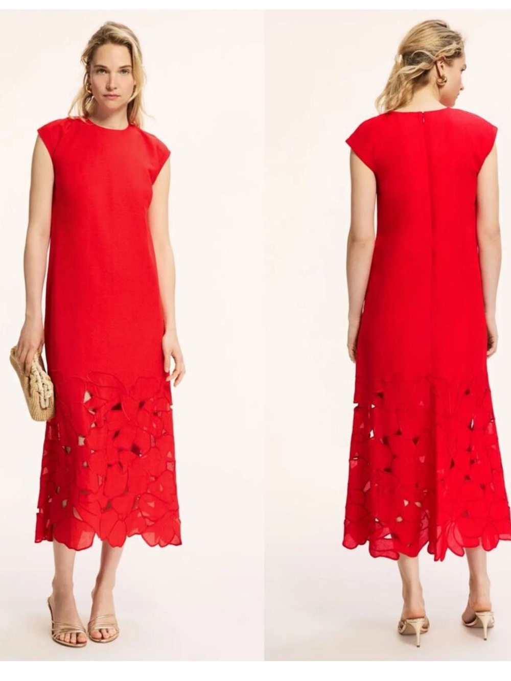 Sachin & Babi Sabette Dress Floral Laser Cutout Cap Sleeve Midi Shift Red 0